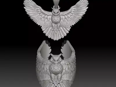 Owl Ring and pendant Sculpture jewelry Gold necklace 3D print model