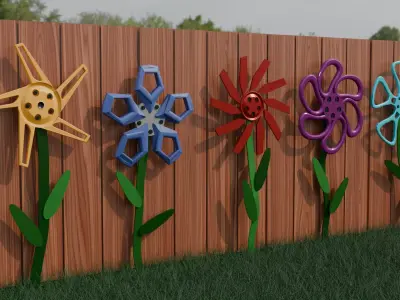 Car Rim Based Fence Flowers Low-poly 3D model