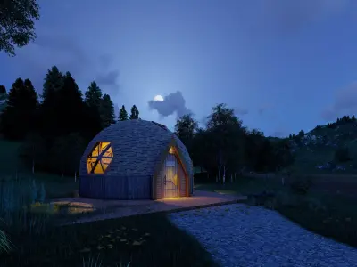 Design model of a 14m diameter geodesic dome cabin 3D model