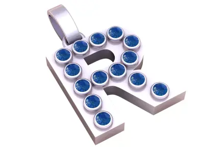 R Initial Gold Pendant  Ruby Stone Alphabet Necklace  3D print model