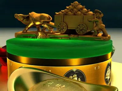 Chinese gold  ingot with bull cart 3D model