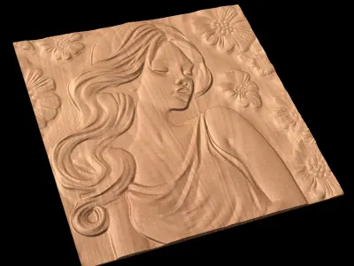 Girl with flowers in background CNC bas-relief 3Dmodel wallart 3D print model