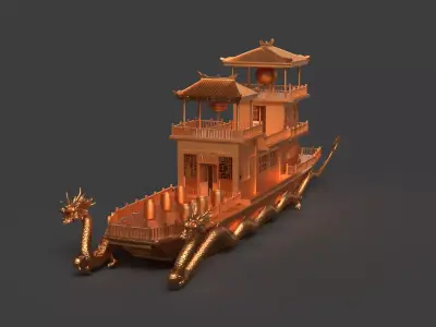 Chinese golden dragon  house boat   Low-poly 3D model