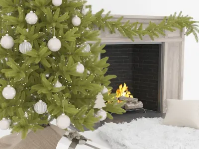 Set Christmas tree 12 wtih fireplace and garland mistletoe 2017 3D model
