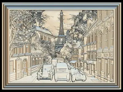 Paris Panno with Classic Cars STL File for CNC Relief engraving 3D model