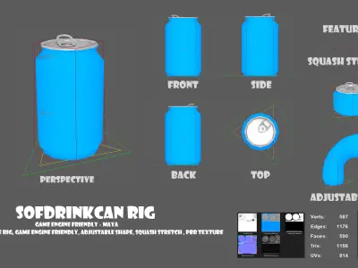 Soft Drink Can RIG for Maya and Game Engine Low-poly 3D model