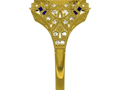 Unique Cushion Diamond Art Deco Ring 3D print model