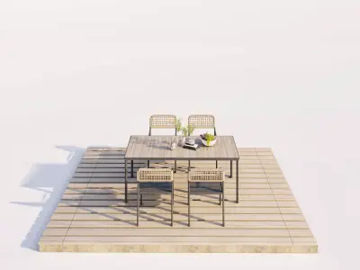 Modern Solid Wood Patio Table and Woven Texture Seating Low-poly 3D model