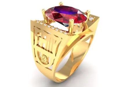 Men Oval Gemstone Ring with Side Stones 3D Model 395 3D print model