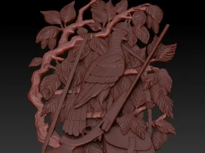 Hunting wood carving of bird with rifle 3D print model