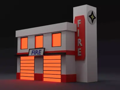 Low Poly Fire Station with Glowing Detail Low-poly 3D model