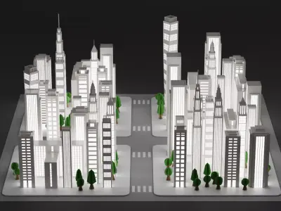 Paper City Block with Streets - Night Town Low-poly 3D model