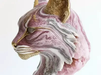 Luxury Pink Marble Cat Head Sculpture Gold Decor Piece Low-poly 3D model