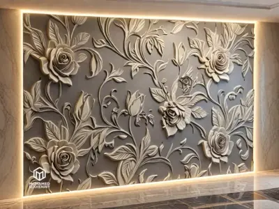 modern rose panel wall decor set relief stl mural CNC 308 3D model