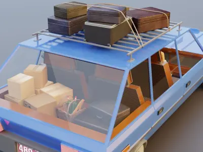 Low Poly cartoon car with 3 rigged characters 3D model