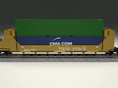 Yellow Train Well Car w Containers 3D model