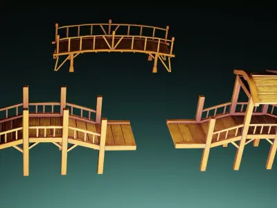 Rock and wood bridges Low-poly 3D model