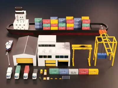 Realistic isometric cargo port scene Free low-poly 3D model