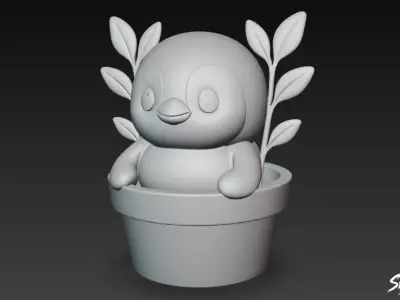Penguin in Flower Pot Low-poly 3D model