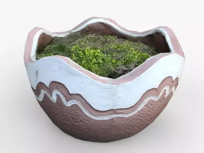 Broken Clay Planter with Moss Photorealistic 3D scan Low-poly 3D model