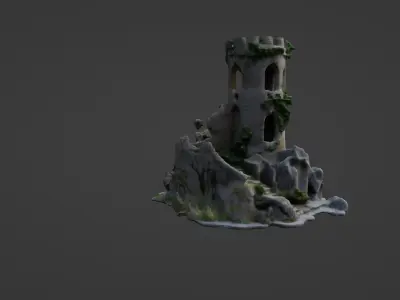 Medieval Stone Tower Ruin with Overgrowth 3D model