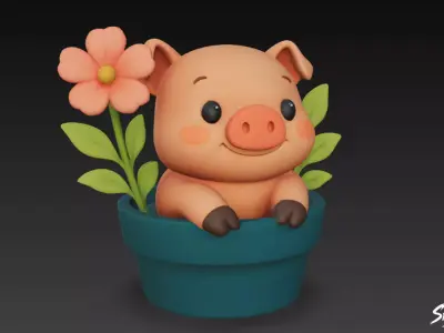 Pig in Flower Pot Low-poly 3D model