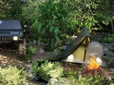 Forest Trees and bornfire Low-poly 3D model