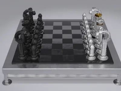 Chess stylized set pieces and board 01 Low-poly 3D model