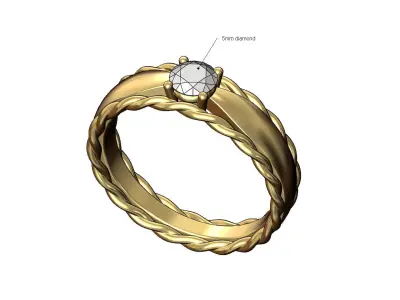 Braided rope pinched shank 5mm solitaire ring US sizes 5to9 3D print model