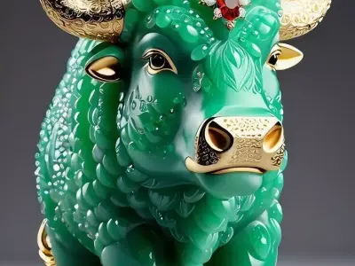 Luxury Jade Bull Statue 3D Gold Horns Ruby Gem Forehead Low-poly 3D model