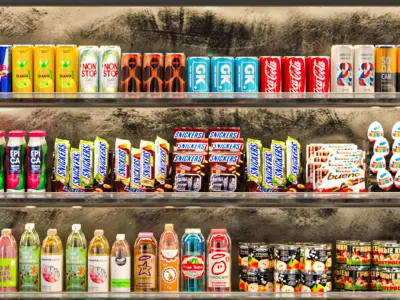 Showcase in a supermarket with food and drinks 32 3D model