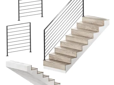 Stairs Modular kit Wooden steps metal railings staircase 3D model