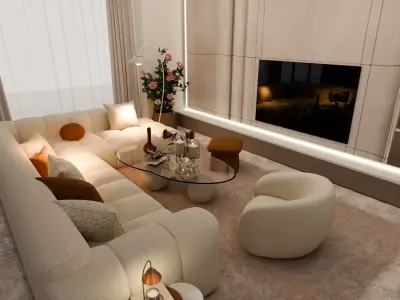 Luxury Modern Living Room Interior Contemporary Neutral Design Low-poly 3D model