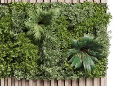 Wooden Panels and Vertical Wall Garden collection of houseplant 3D model