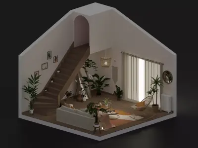 Bohemian living room Low-poly 3D model