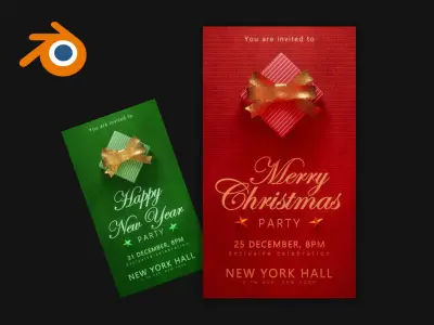 Christmas party invitation 3D cards mockup for Blender 3D model