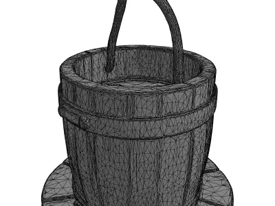 Wooden Well Bucket with Base Low-poly 3D model