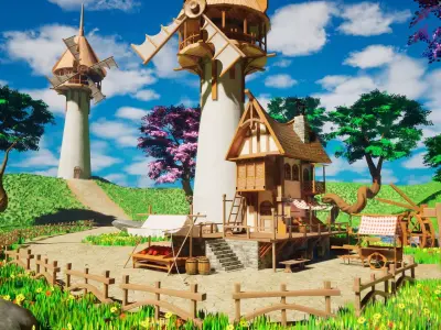 Stylized Windmill Village Game Ready Environment Unreal Engine  Low-poly 3D model
