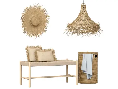 Wicker bamboo decor bathroom set 01 3D model