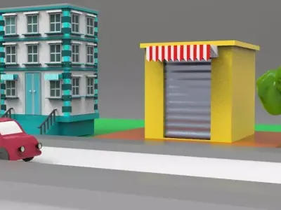 low poly 3d environment street with two buildings and car Low-poly 3D model