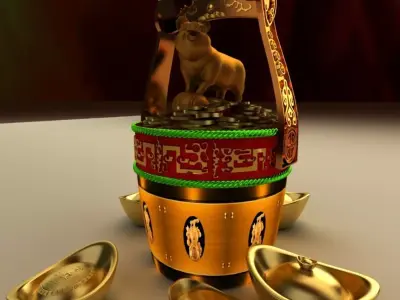 Chinese Gold Ingot bucket with Golden Pig 3D model