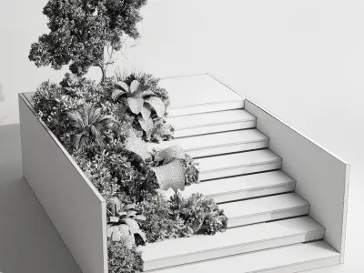 Entrance and exit stairs with furniture and garden 03 3D model