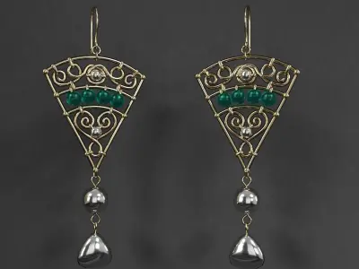 earrings with emeralds and pearls 3D model