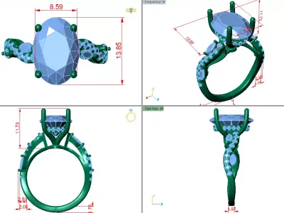 oval solitaire under halo with waved shank marquise on the side  3D print model