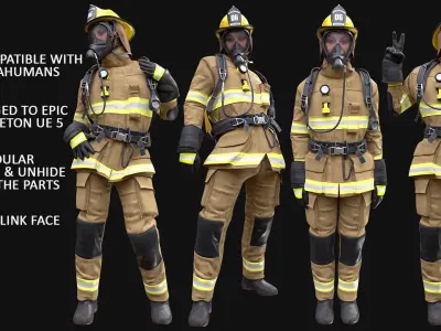 Realistic 3D model of Woman Firefighter - Modular - Rigged Low-poly 3D model