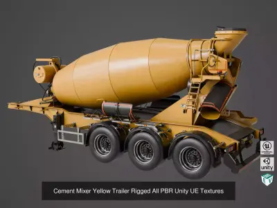 Cement Mixer and Trailer Yellow Rigged All PBR Unity UE Textures 3D Model Pack