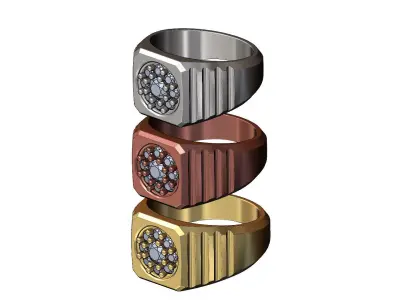 Square top round cluster diamond undulated signet US sizes 7 8 9 3D print model