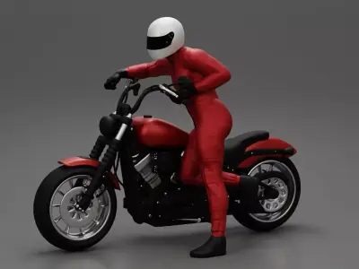 Motorbiker standing pushing his motorbike 3D print model