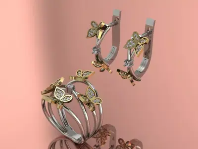 Elegant Jewelry Set Ring Earring Diamond Gold 3D print model