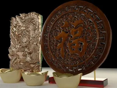 Chinese gold ingot with fu and dragon pattern 3D model